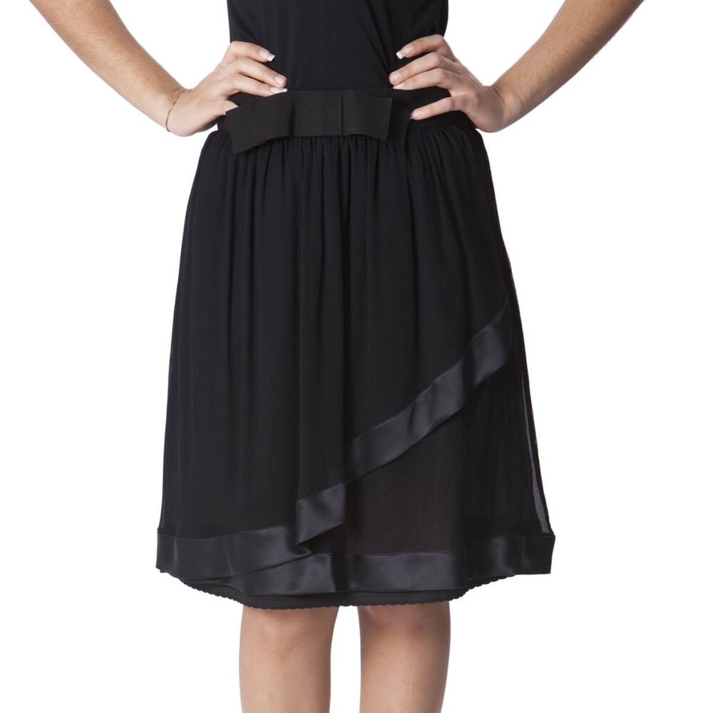 NWT Sheer Black BluMarine Silk Wrap Knee-Length Skirt Satin Trim Grosgrain Bow